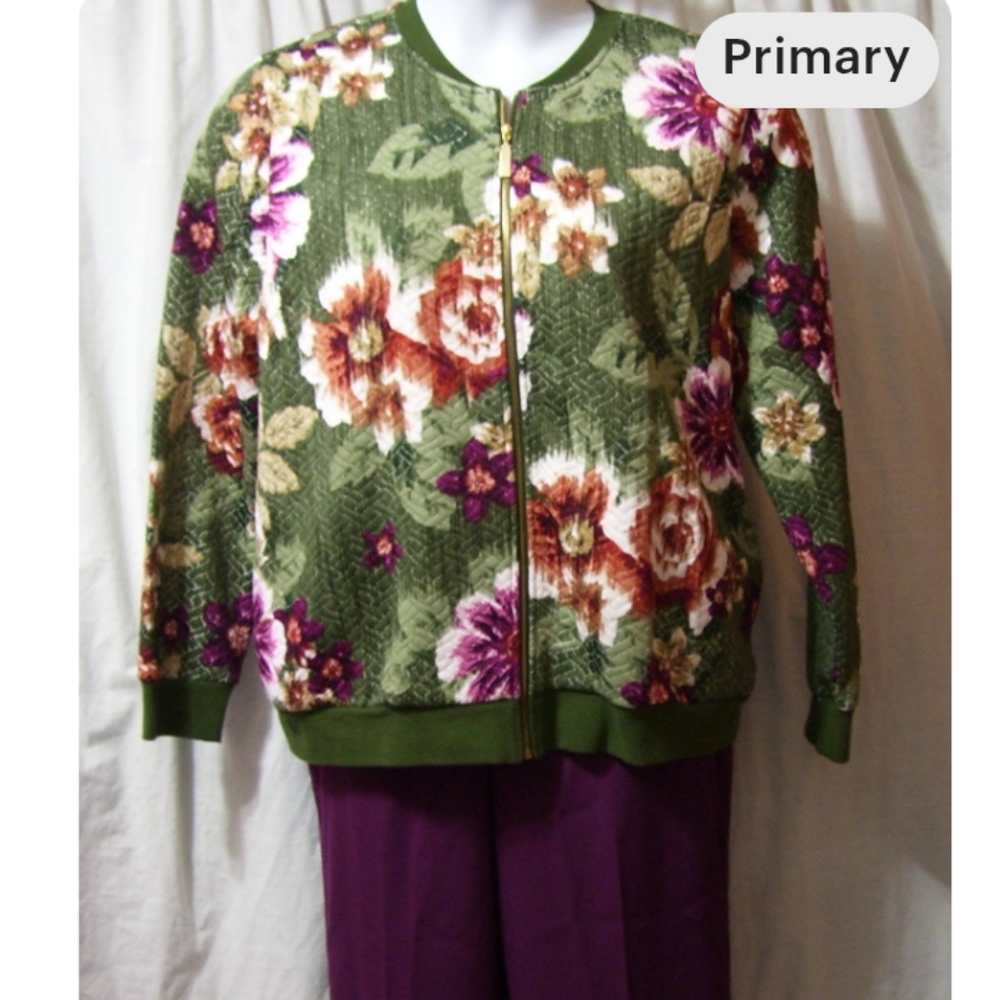 Alfred Dunner Floral Green Jacket and Wine Pant Set. NWOT